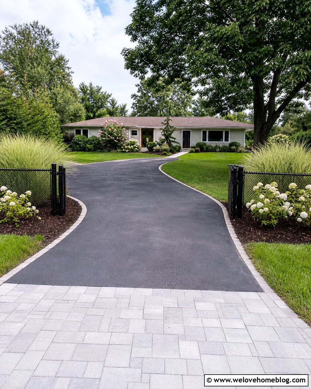 Landscaped Chain Link Fence Asphalt Driveway Entrance - 20 Driveway Entrance Fence Ideas