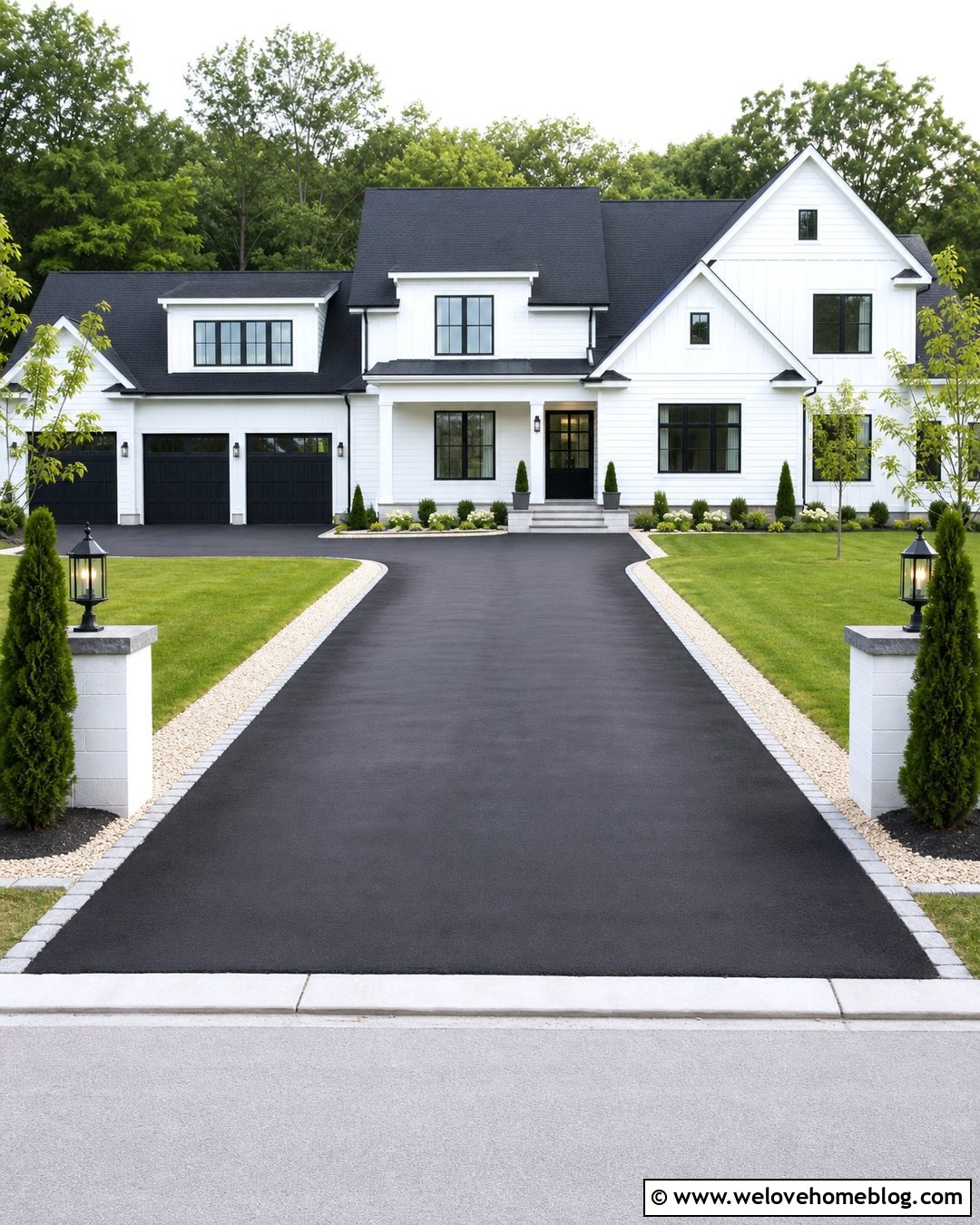 Large Black Asphalt Driveway With White House - 35 Large Driveway Ideas