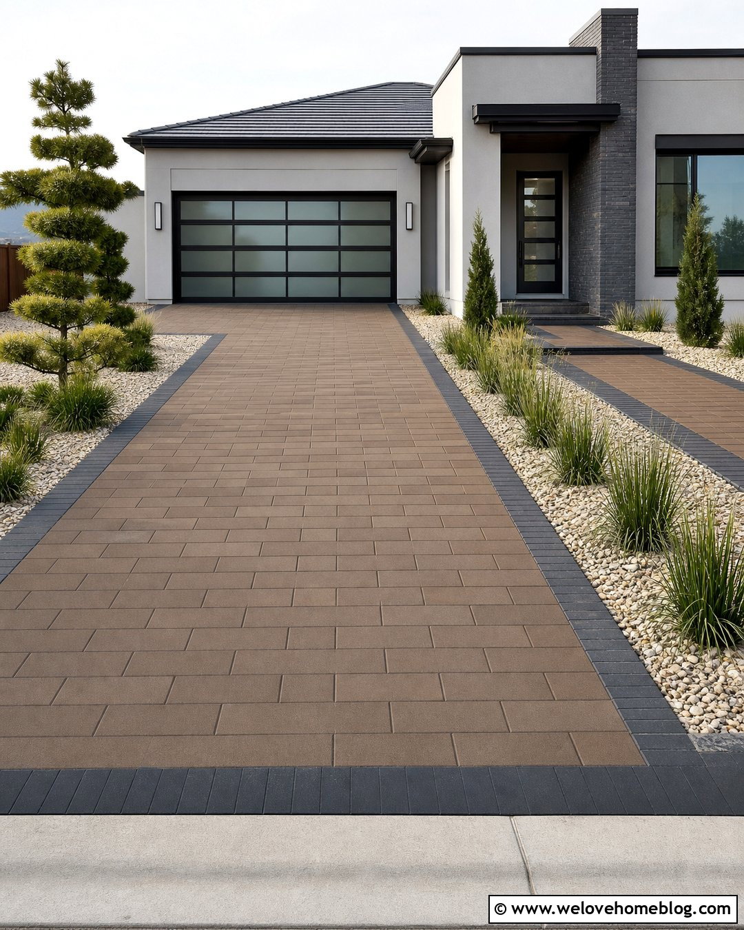 Large Brown Paver Driveway With Linear Layout - 20 Brown Pavers Driveway Ideas