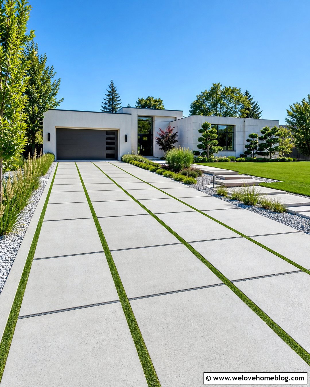 Large Concrete Paver Driveway With Grass Strips - 20 Driveways With Pavers Ideas