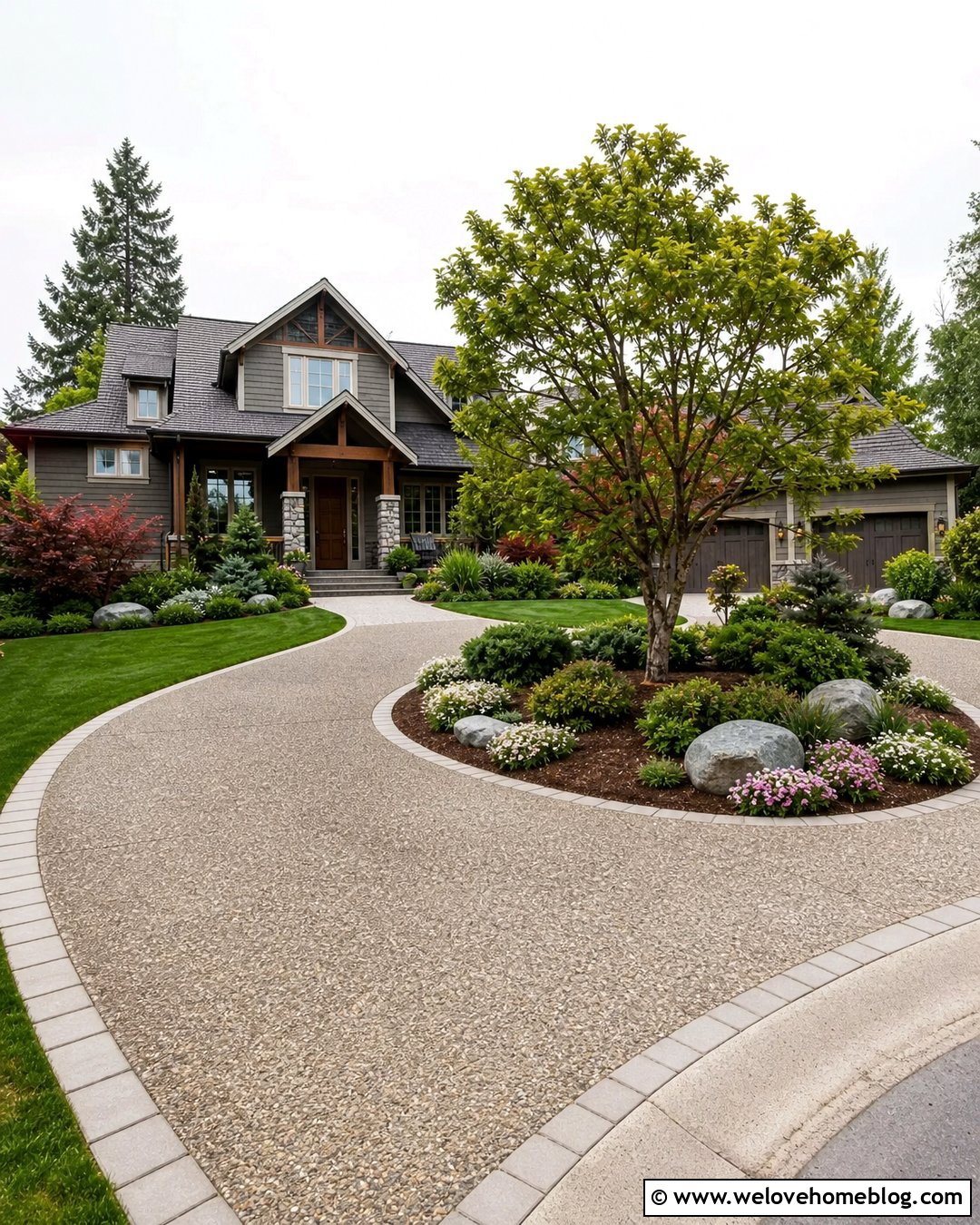Large Driveway With Landscaped Center Island - 35 Large Driveway Ideas