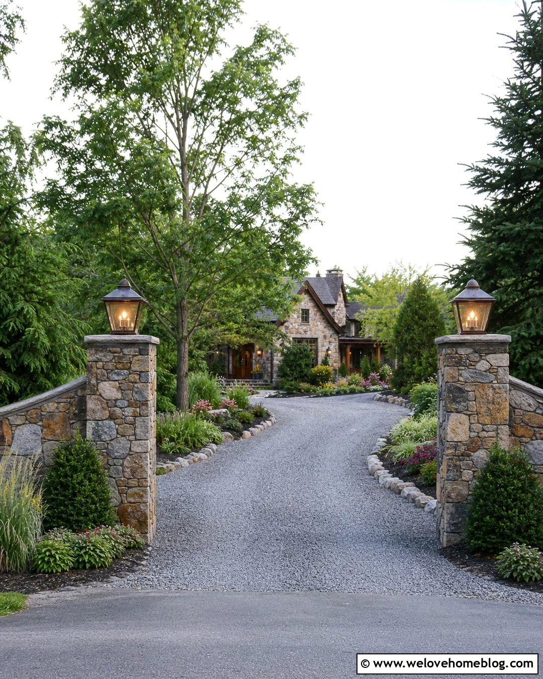 Large Driveway With Stone Pillars - 35 Large Driveway Ideas