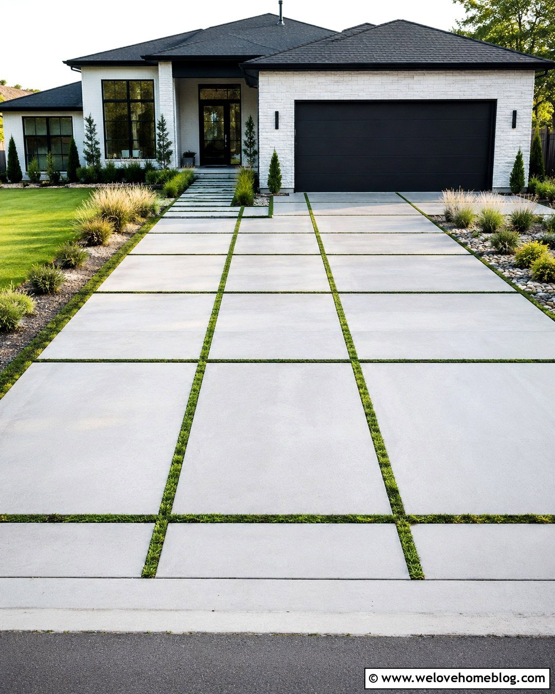 Large Gray Paver Driveway With Grass Joints - 20 Gray Paver Driveway Design Ideas