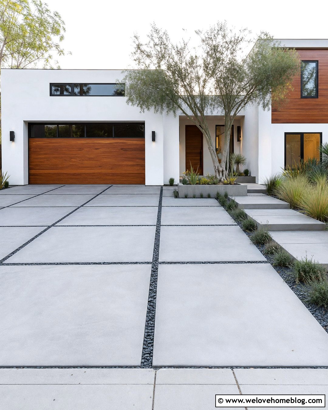 Large Grey Concrete Slabs With Black Pebble Joints - 25 Grey Driveway Ideas