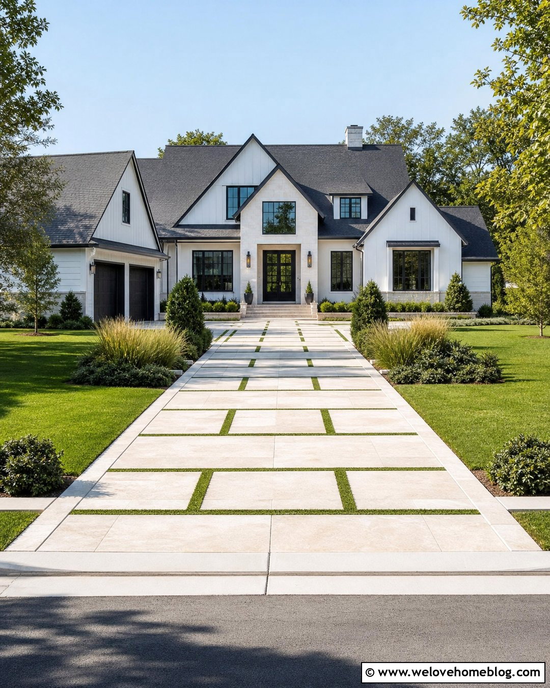 Large Limestone Driveway With Grass Joints - 20 flat stone driveway ideas
