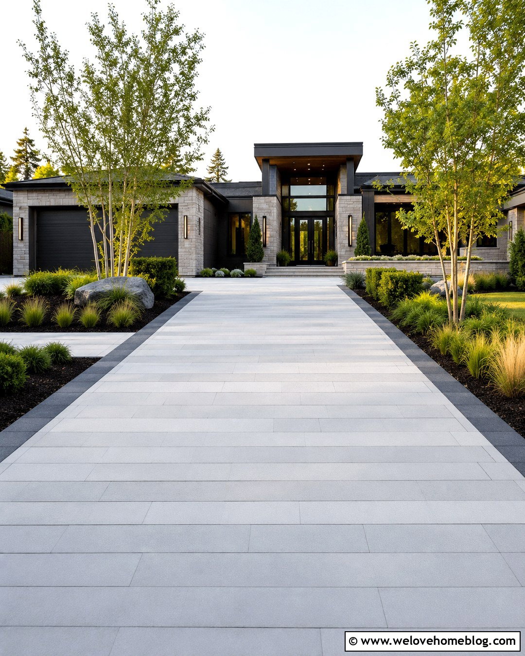 Large Paver Driveway With Contemporary House - 20 Paved Driveway With House Ideas