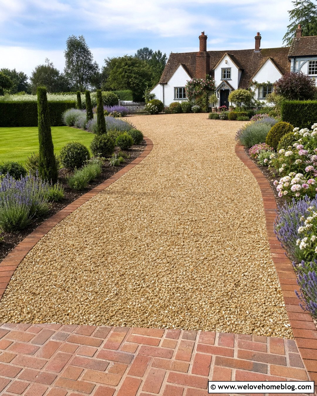 Large Pea Gravel Driveway With Brick Border - 35 Large Driveway Ideas