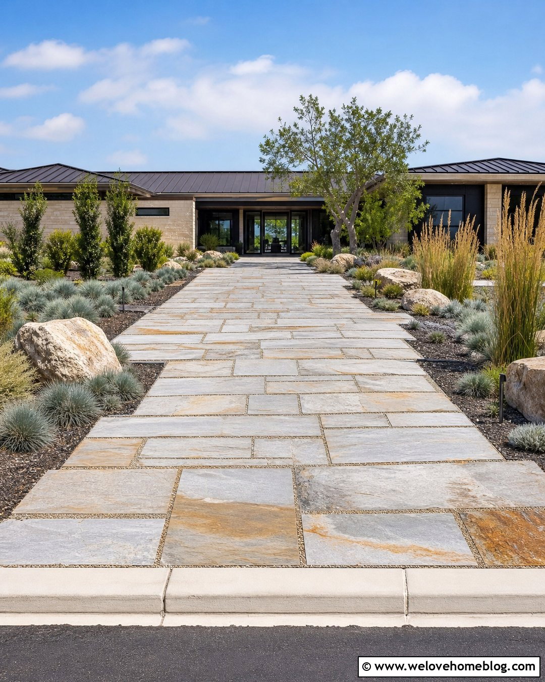 Large Quartzite Driveway With Steel Edging - 20 Large Stone Driveway Ideas