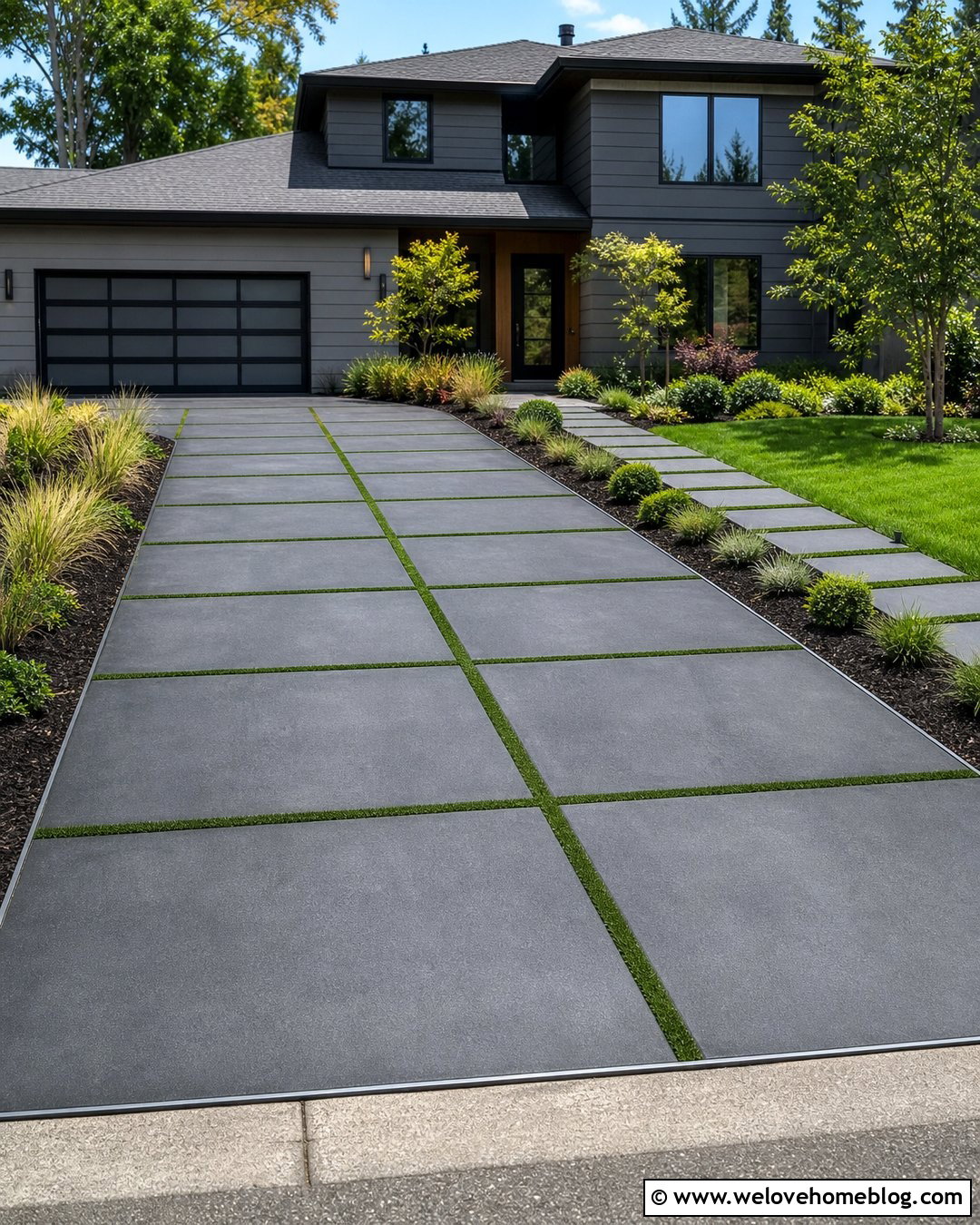 Large Slab Charcoal Concrete Driveway With Grass Strips - 20 Charcoal Concrete Driveway Ideas