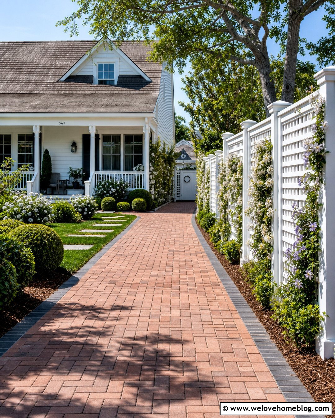 Lattice Fence Lined Brick Driveway - 20 Fence Lined Driveway Ideas