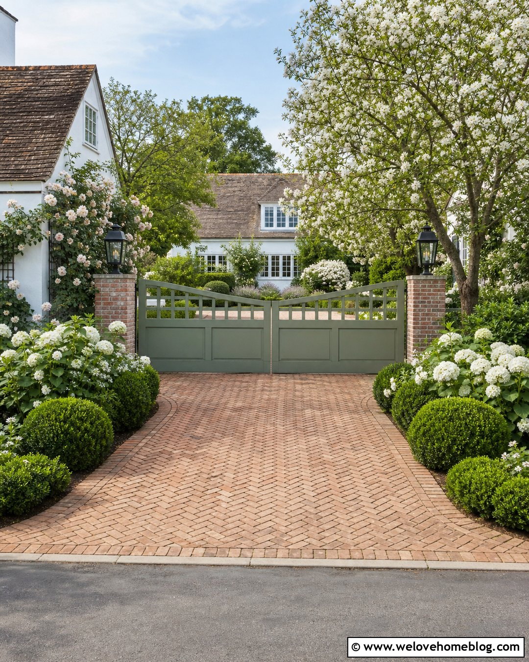 Lattice Top Wooden Driveway Gate With Brick Pavers - 35 Wooden Driveway Gates Ideas