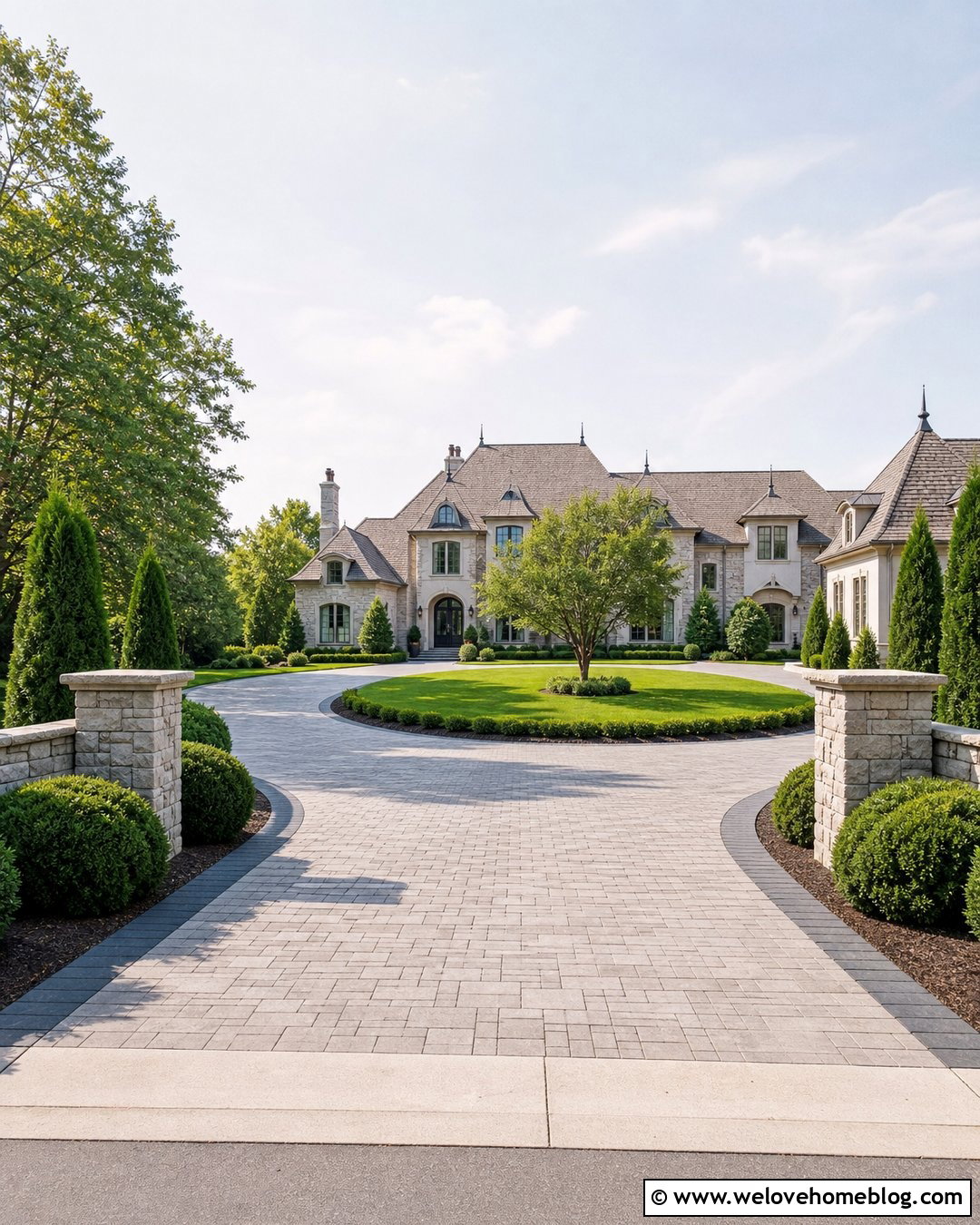 Layered Evergreen Bushes Lining a Horseshoe Driveway