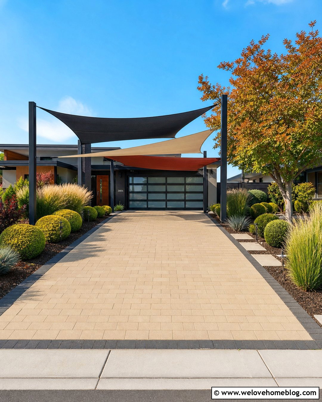Layered Triangle Shade Sails Over Paver Driveway - 20 Shade For Driveway Ideas