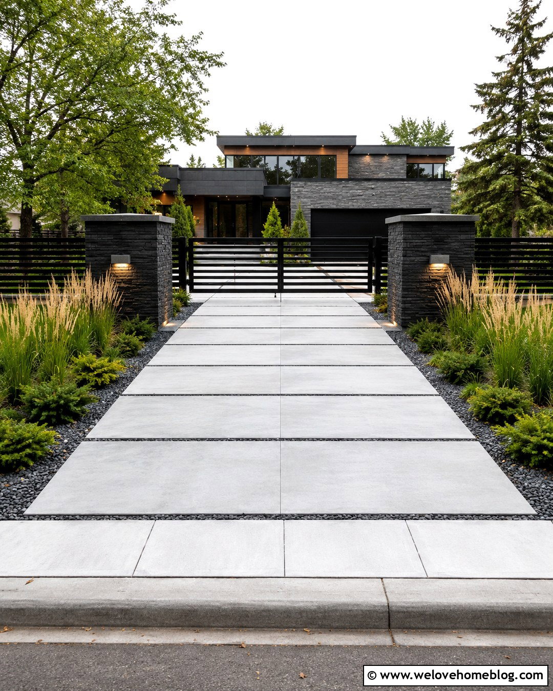 Ledgestone Driveway Pillars With Modern Gate - 20 Stone Driveway Pillars Ideas
