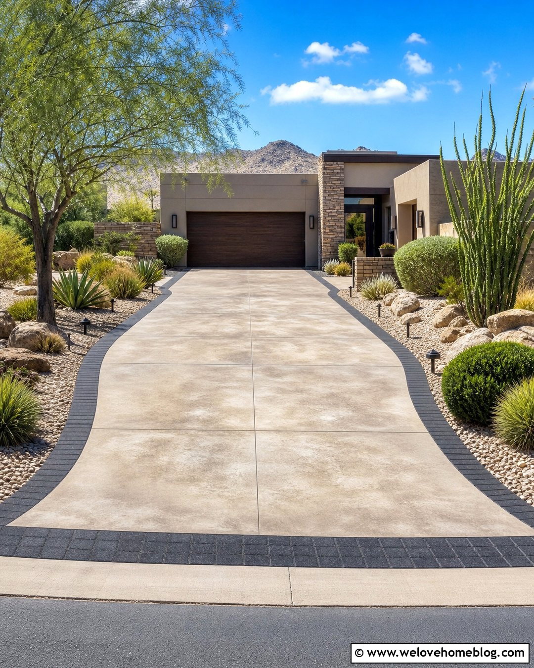 Light Beige Acid Stain Concrete Driveway With Dark Pavers - 20 acid stain concrete driveway ideas