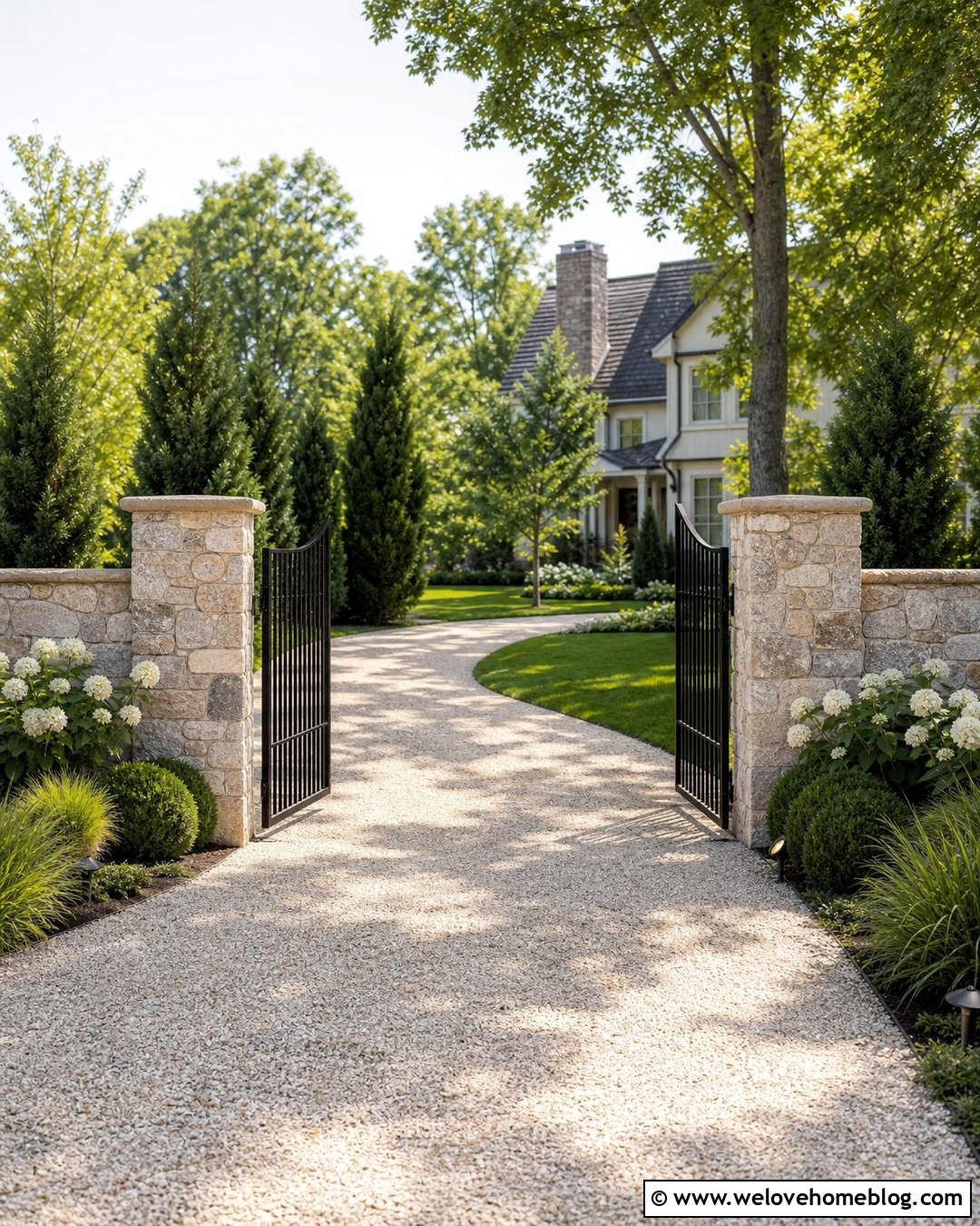 Light Gravel Driveway With Gate And Stone Pillars - 20 Light Gravel Driveway Ideas
