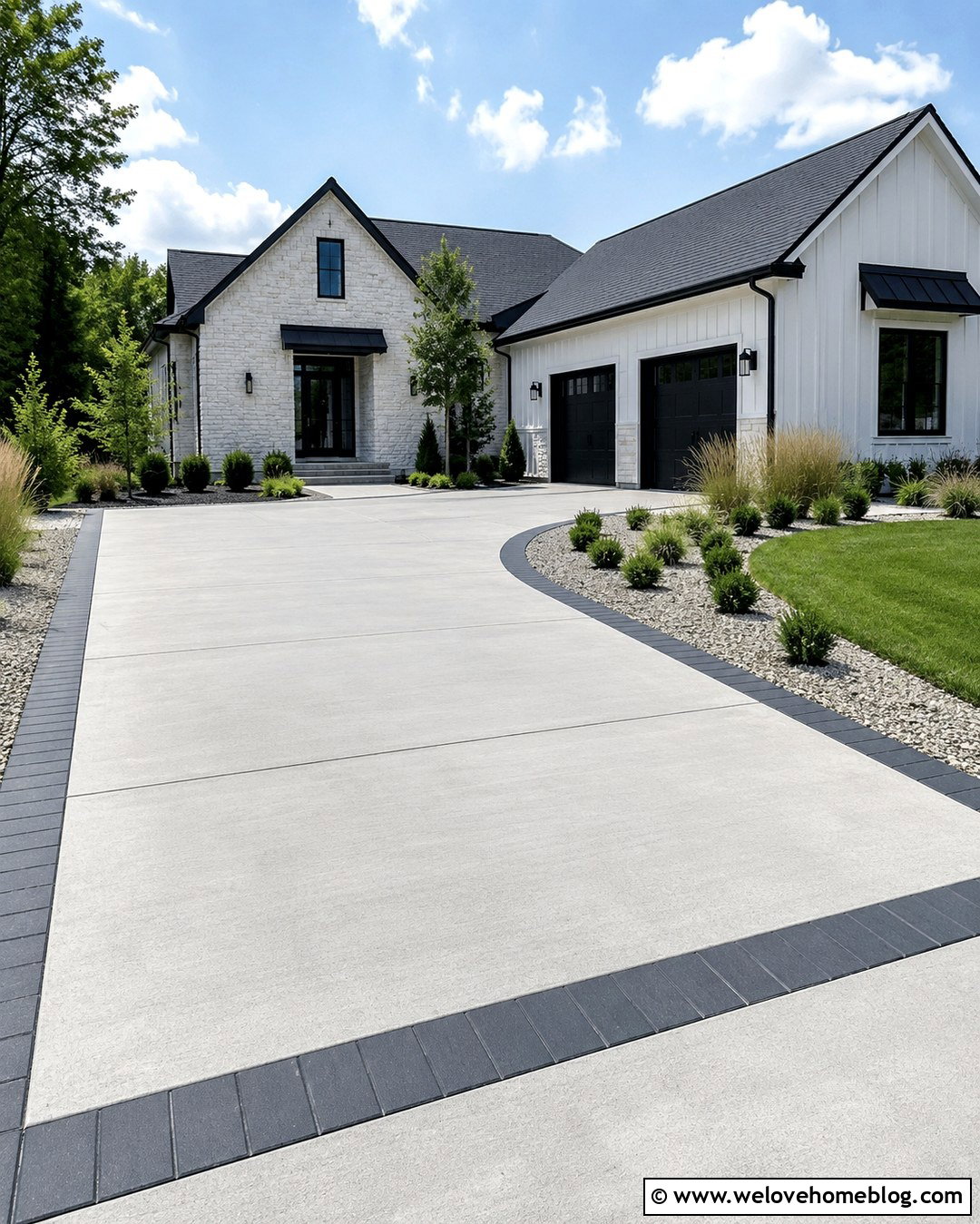 Light Gray Cement Driveway With Charcoal Paver Border - 20 cement driveway with paver border ideas