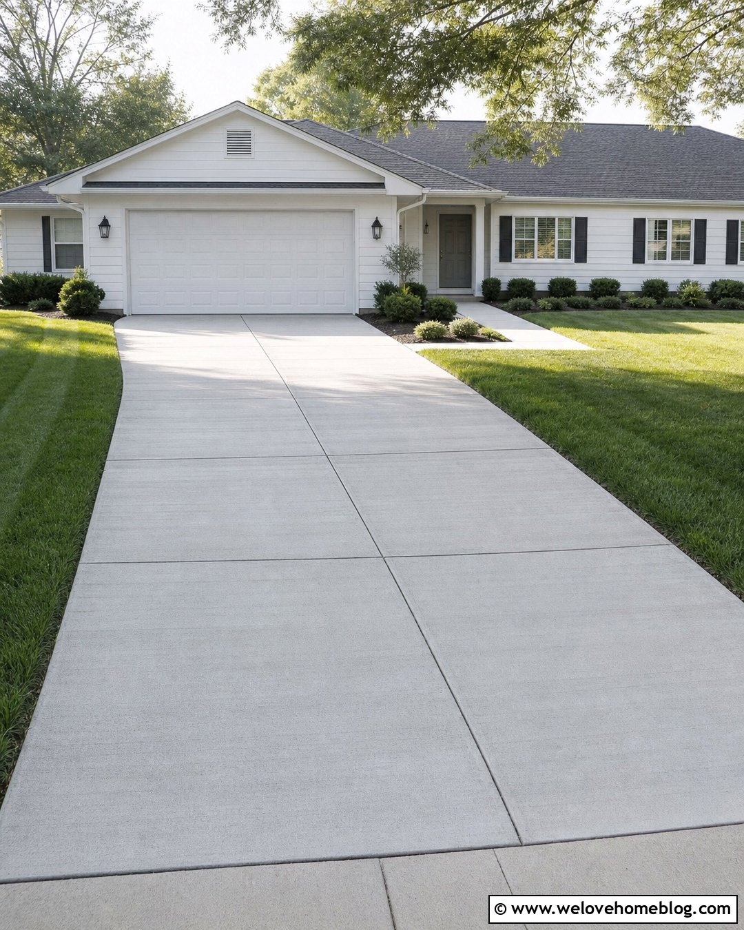 Light Gray Concrete Driveway With Grass Borders - 20 Clean Concrete Driveway Ideas