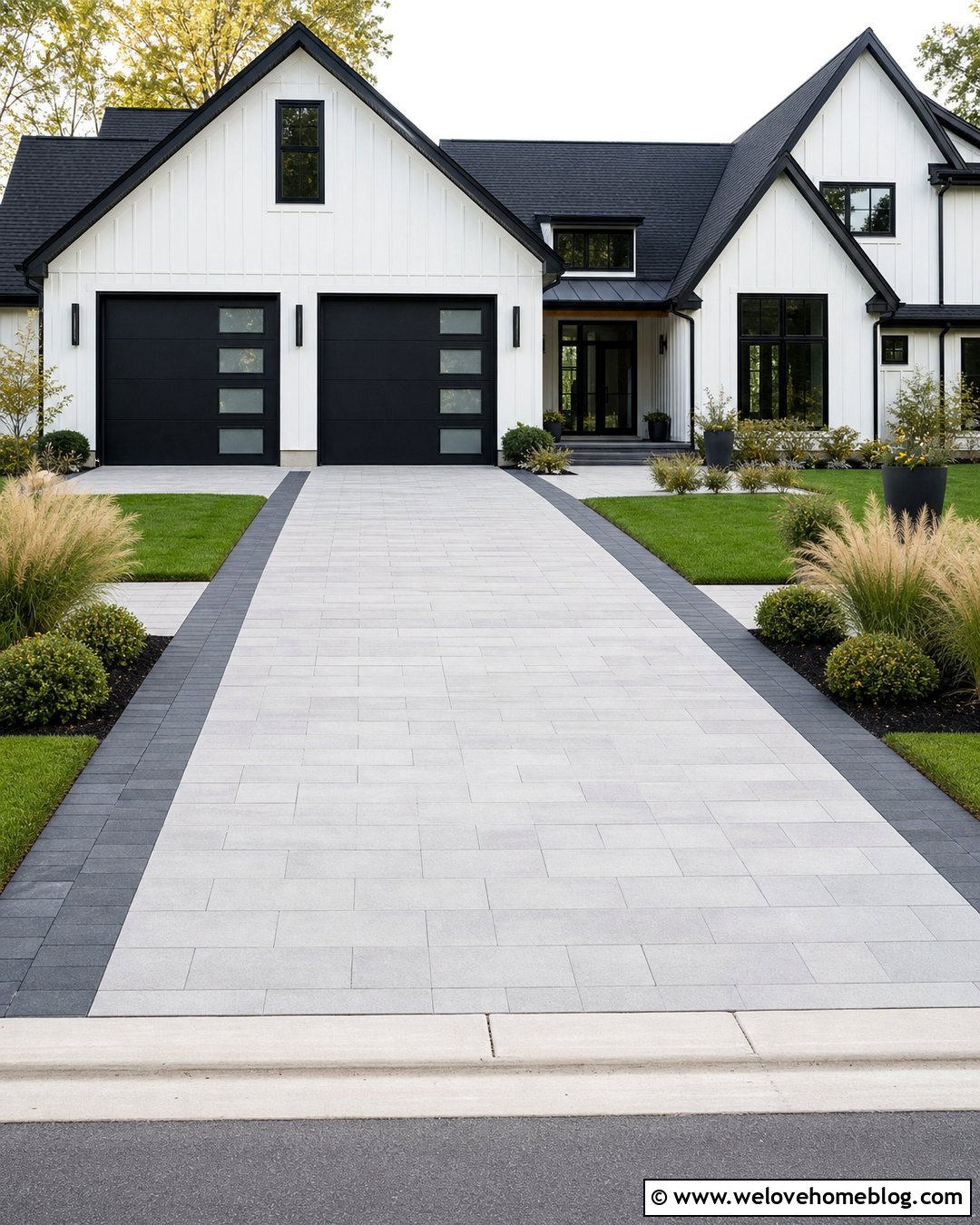 Light Gray Paver Driveway With Dark Ribbon - 35 Modern Driveway Design Ideas