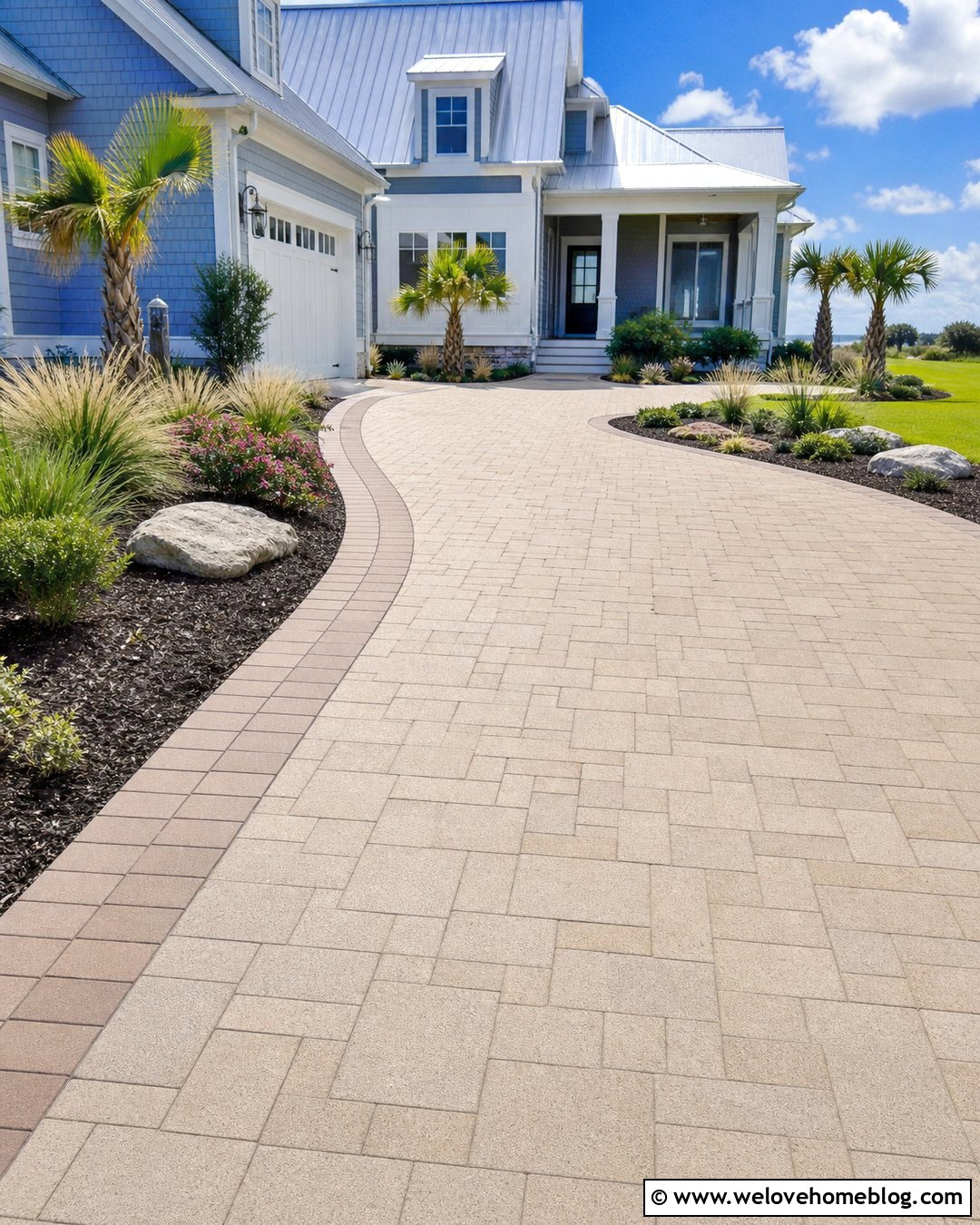 Light Paver Driveway With Coastal Landscaping - 20 Paver Driveway Design Ideas