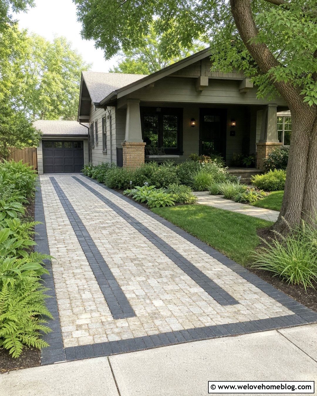Light Square Cobblestone Driveway With Gray Ribbons - 20 Square Cobblestone Driveway Ideas