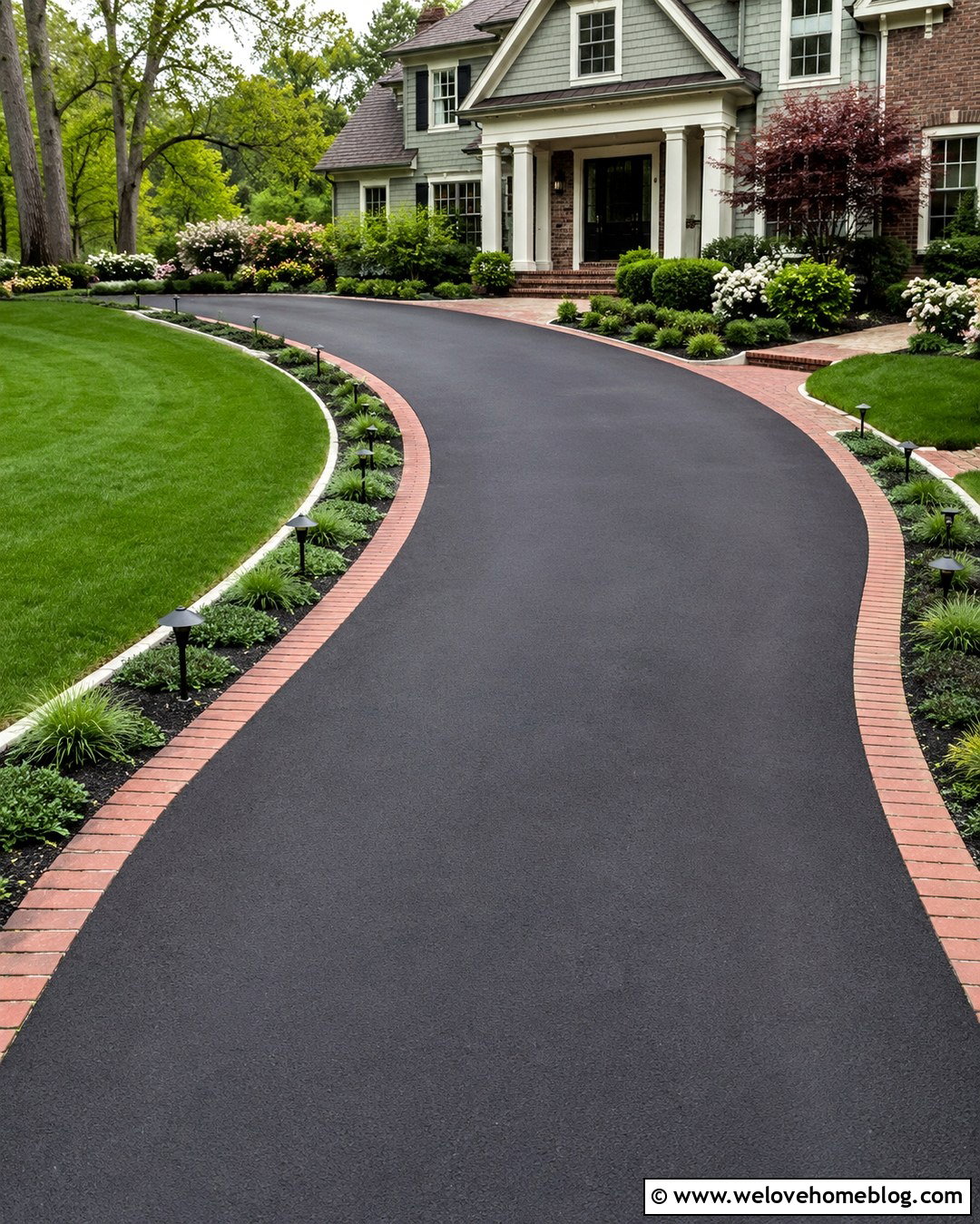 Lighted Brick Lined Asphalt Driveway - 20 Driveway Lining Ideas