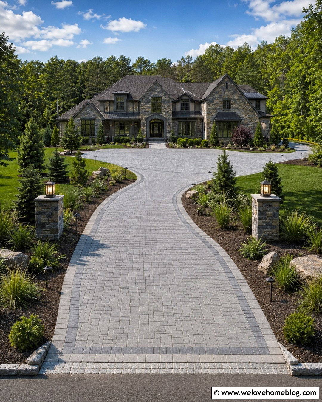 Lighted Long Driveway For A Mansion - 20 Long Driveway Mansion Ideas