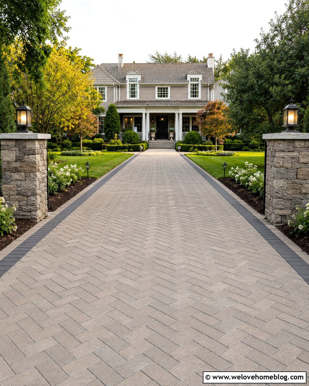 Lighted Paved Driveway With Traditional House - 20 Paved Driveway With House Ideas