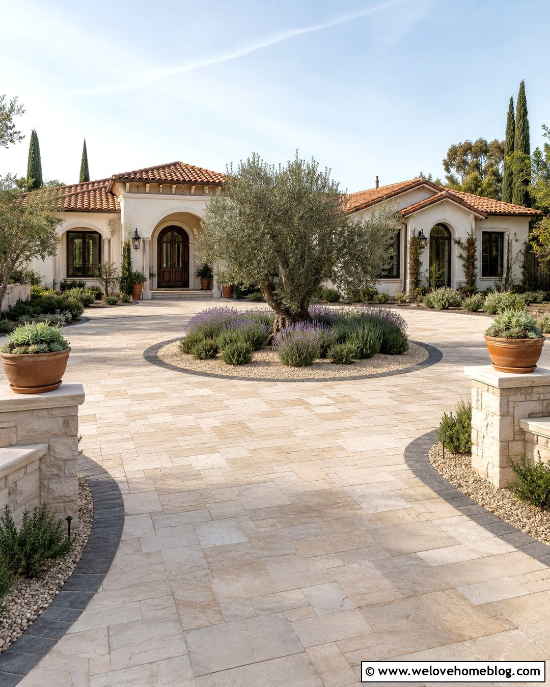 Limestone Circular Driveway With Mediterranean Landscaping - 20 Driveway Circle Ideas