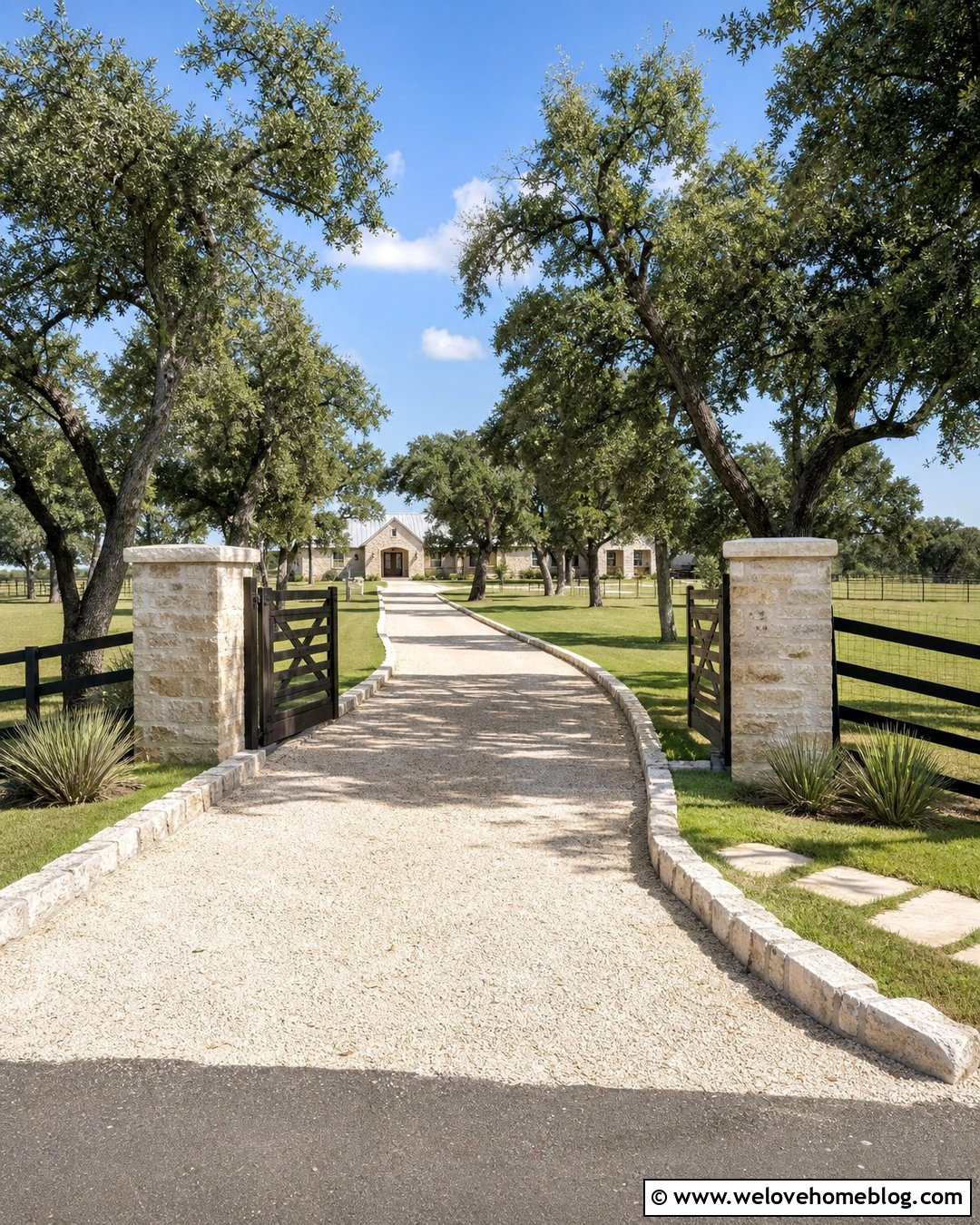 Limestone Country Driveway With Oak Trees - 40 Country Driveway Entry Landscaping Ideas