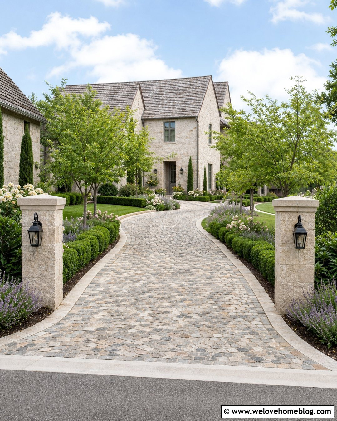 Limestone Driveway Columns With Cobblestone - 20 driveway column ideas