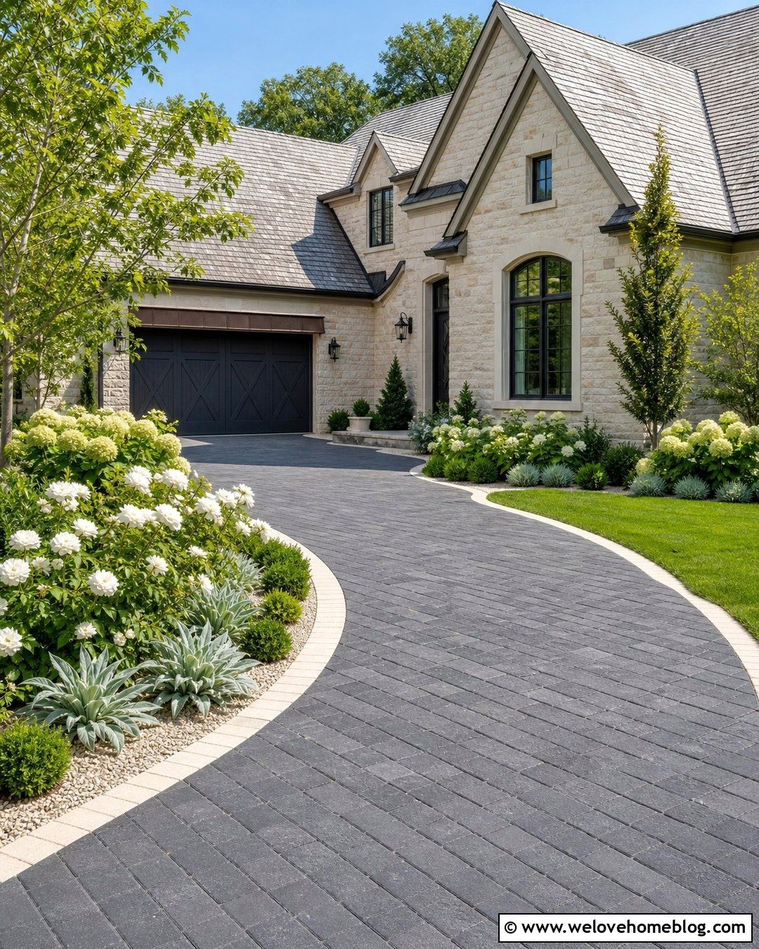 Limestone Driveway Edging With White Flowers - 30 driveway landscaping edging ideas