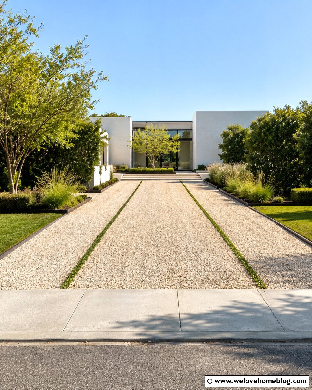 Limestone Gravel Driveway With Modern Grass Bands - 20 limestone gravel driveway ideas