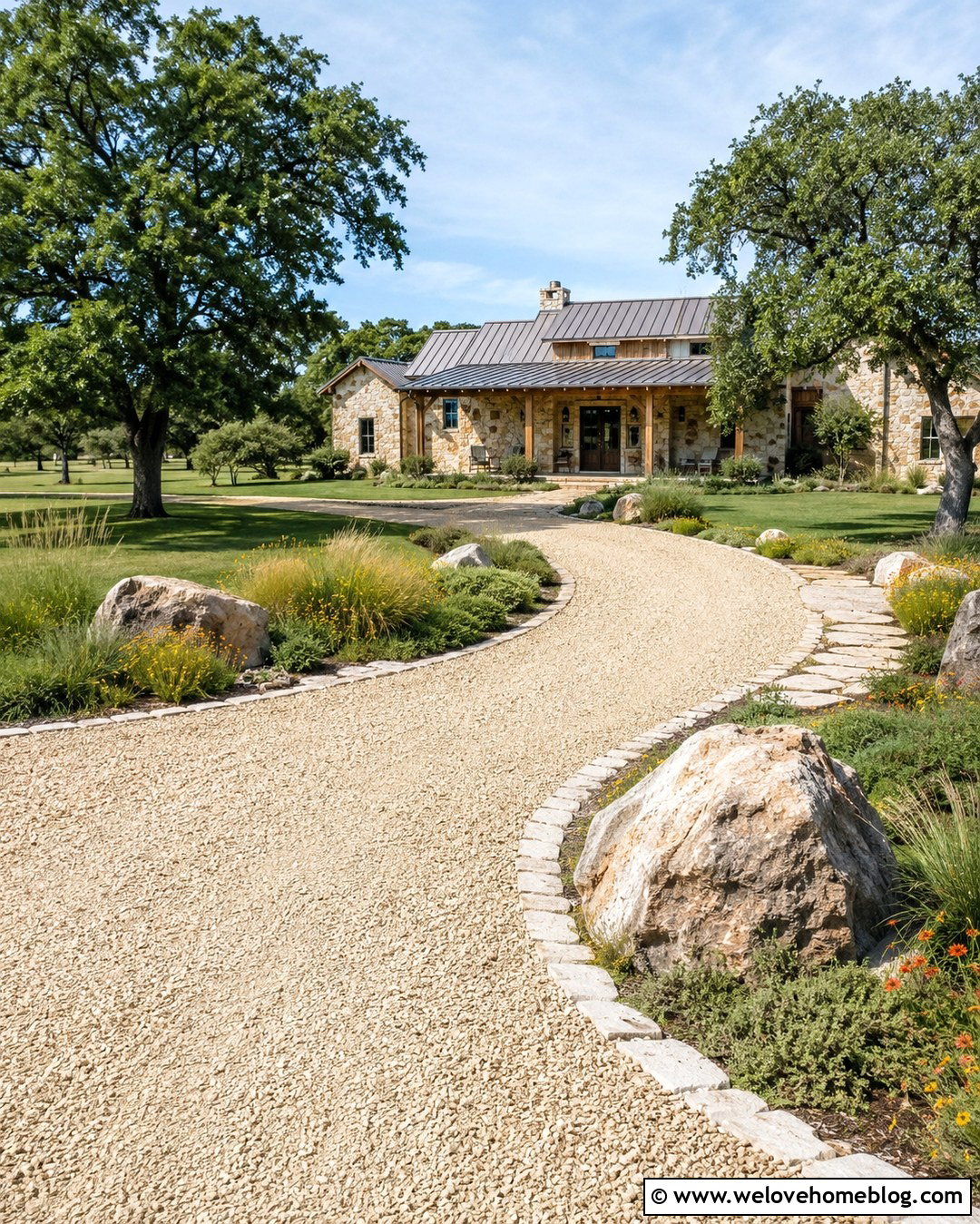 Limestone Gravel Driveway With Rustic Boulder Edging
