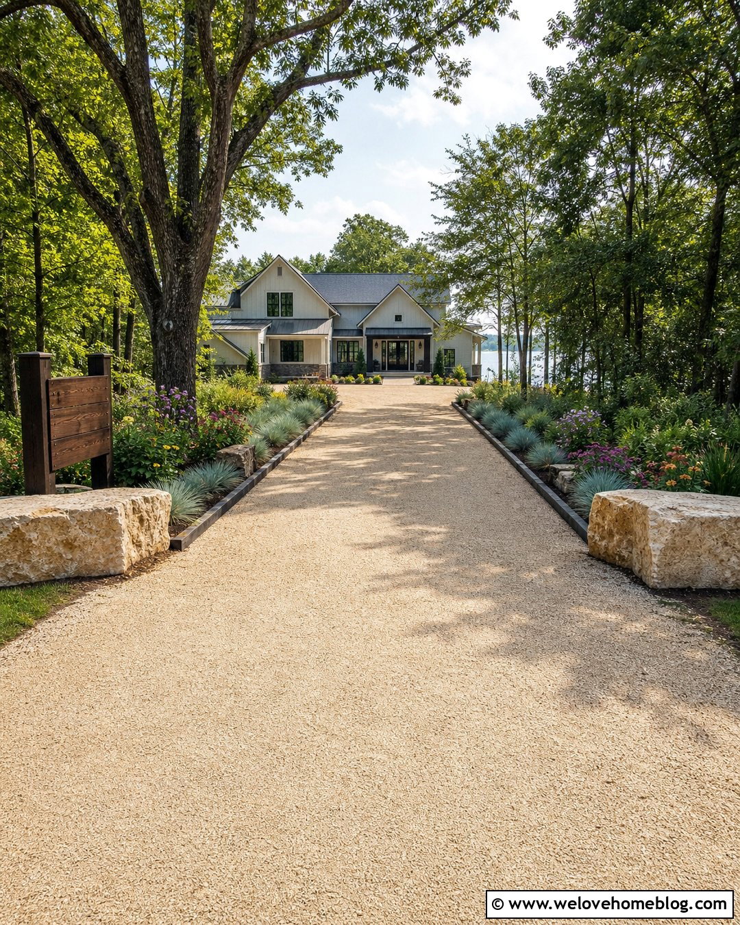 Limestone Lake House Driveway Entrance With Wood Sign - 20 Lake House Driveway Entrance Ideas