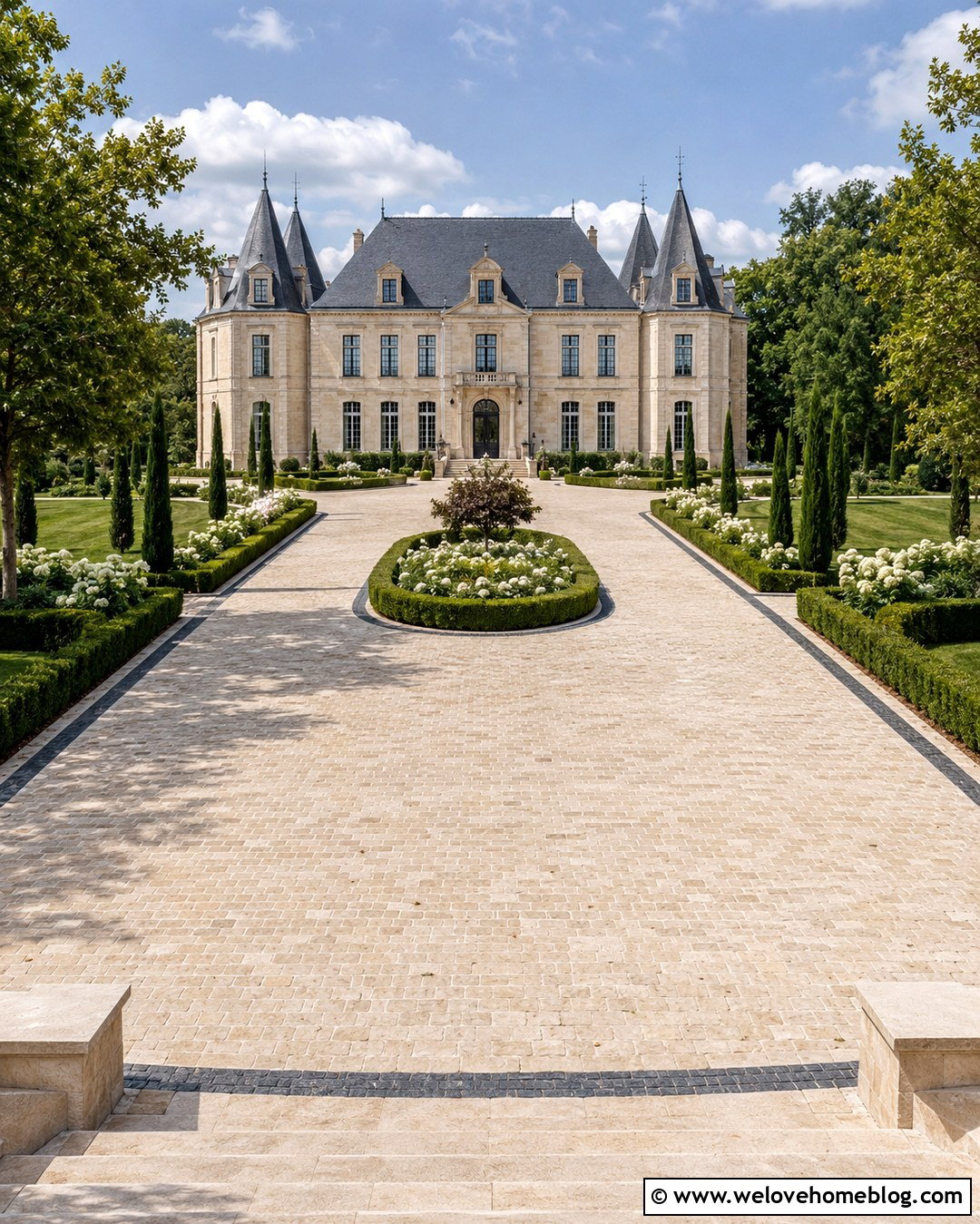 Limestone Long Driveway For A French Mansion - 20 Long Driveway Mansion Ideas