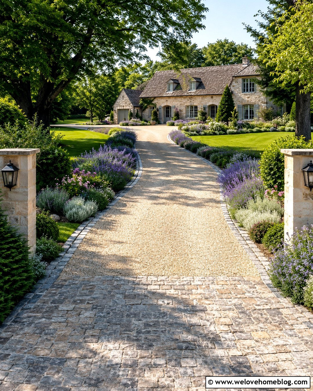 Limestone Long Winding Driveway With Lavender Borders - 20 Long Winding Driveway Ideas