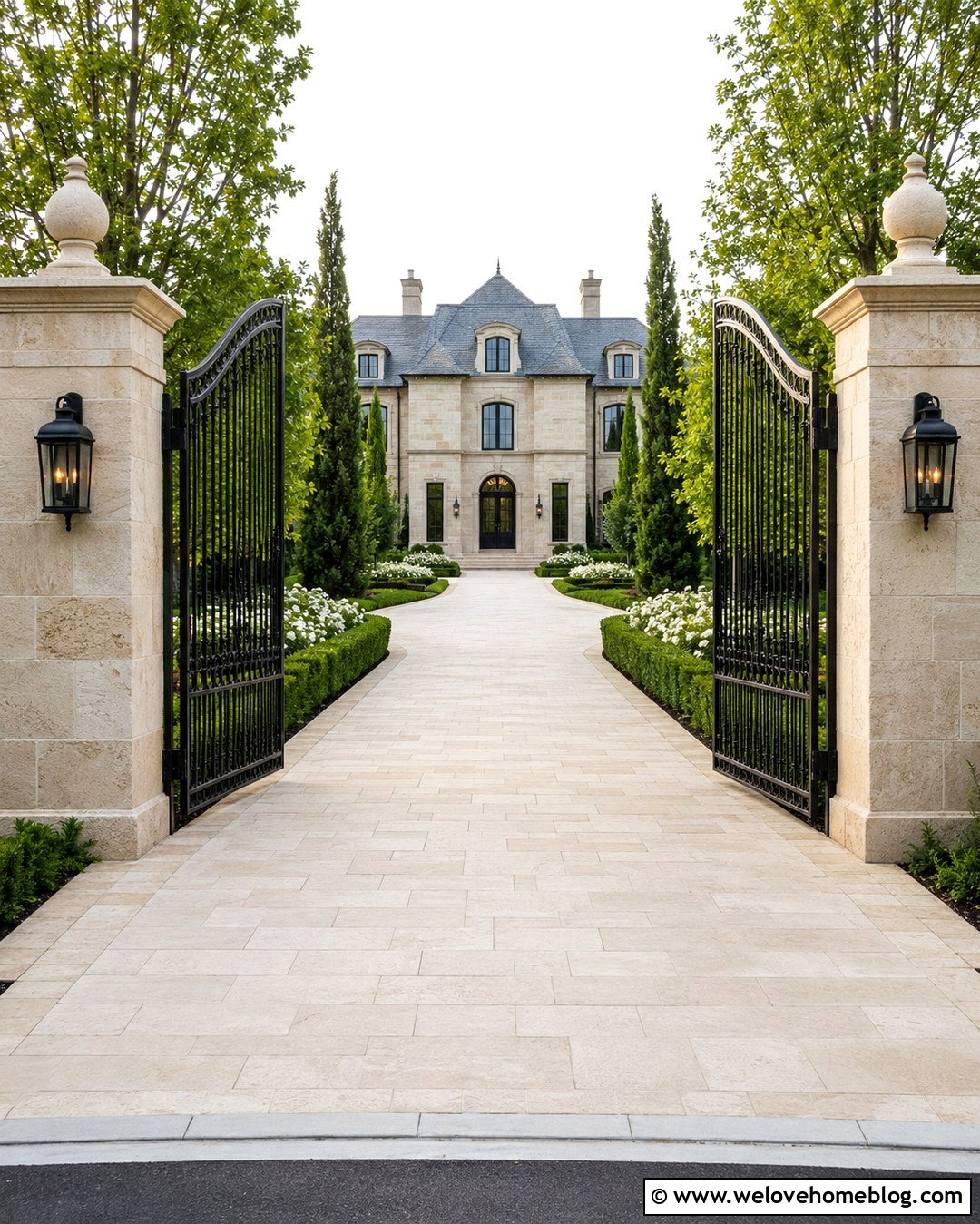 Limestone Manor Driveway With Iron Gates - 20 Manor Driveway Ideas