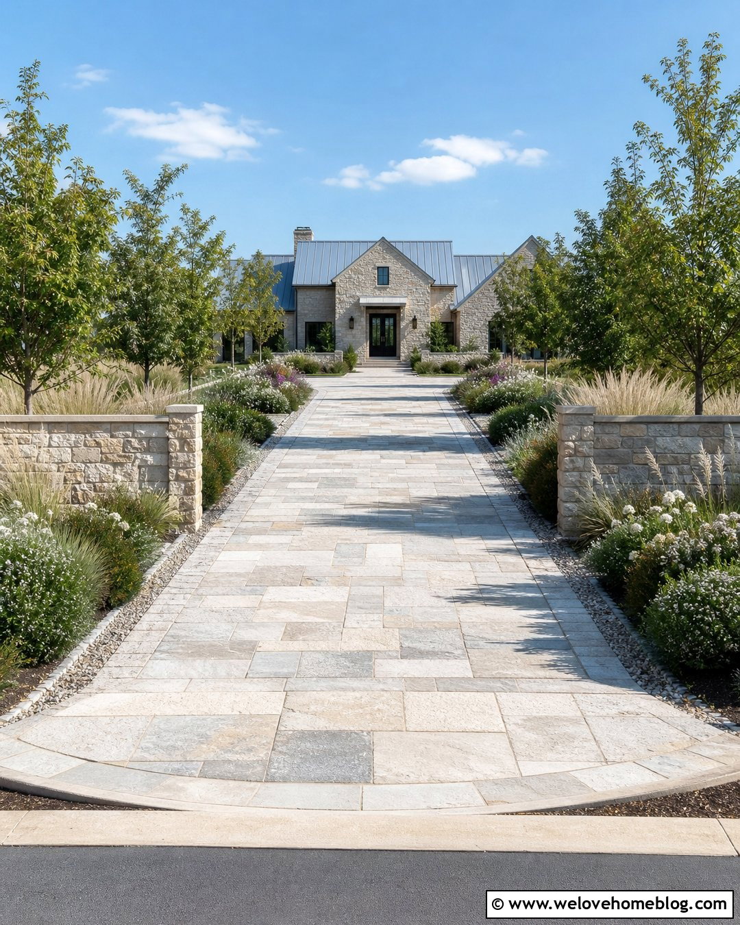 Limestone Paver Driveway With Country House - 20 Driveways With Pavers Ideas