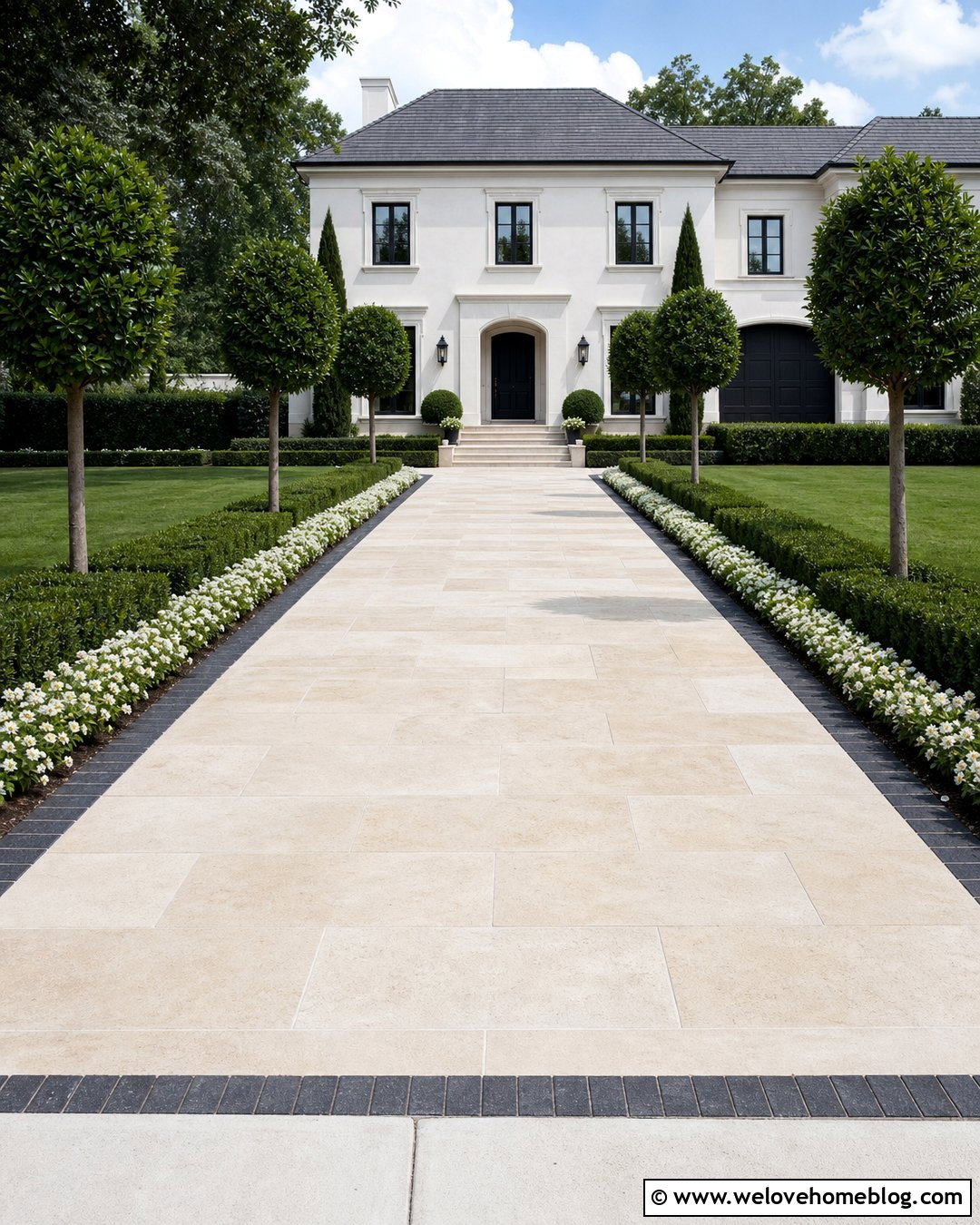 Limestone Paver Driveway With Formal Hedges - 25 Elegant Driveway Ideas