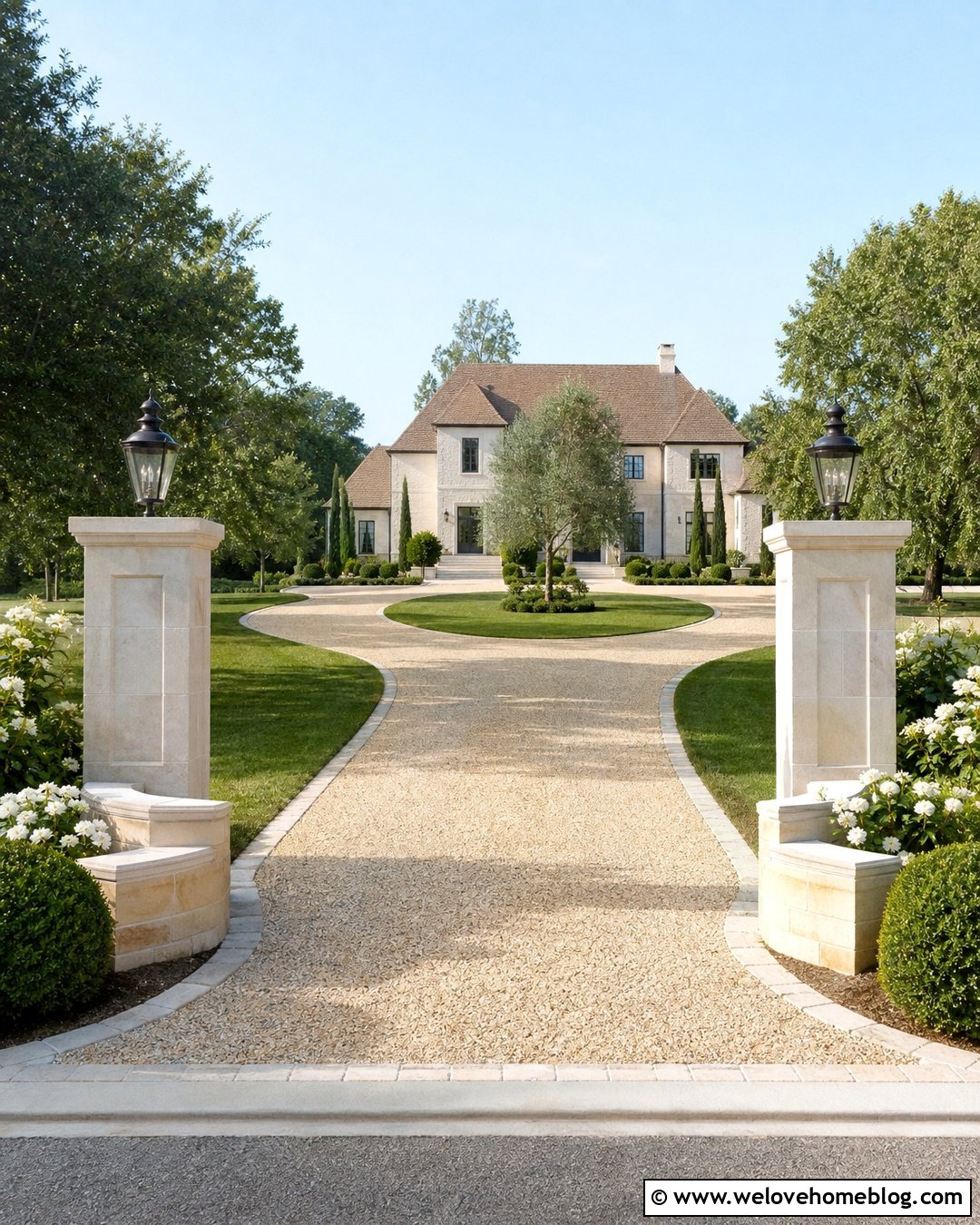 Limestone Pillars With A Circular Driveway - 20 End Of Driveway Pillars Ideas