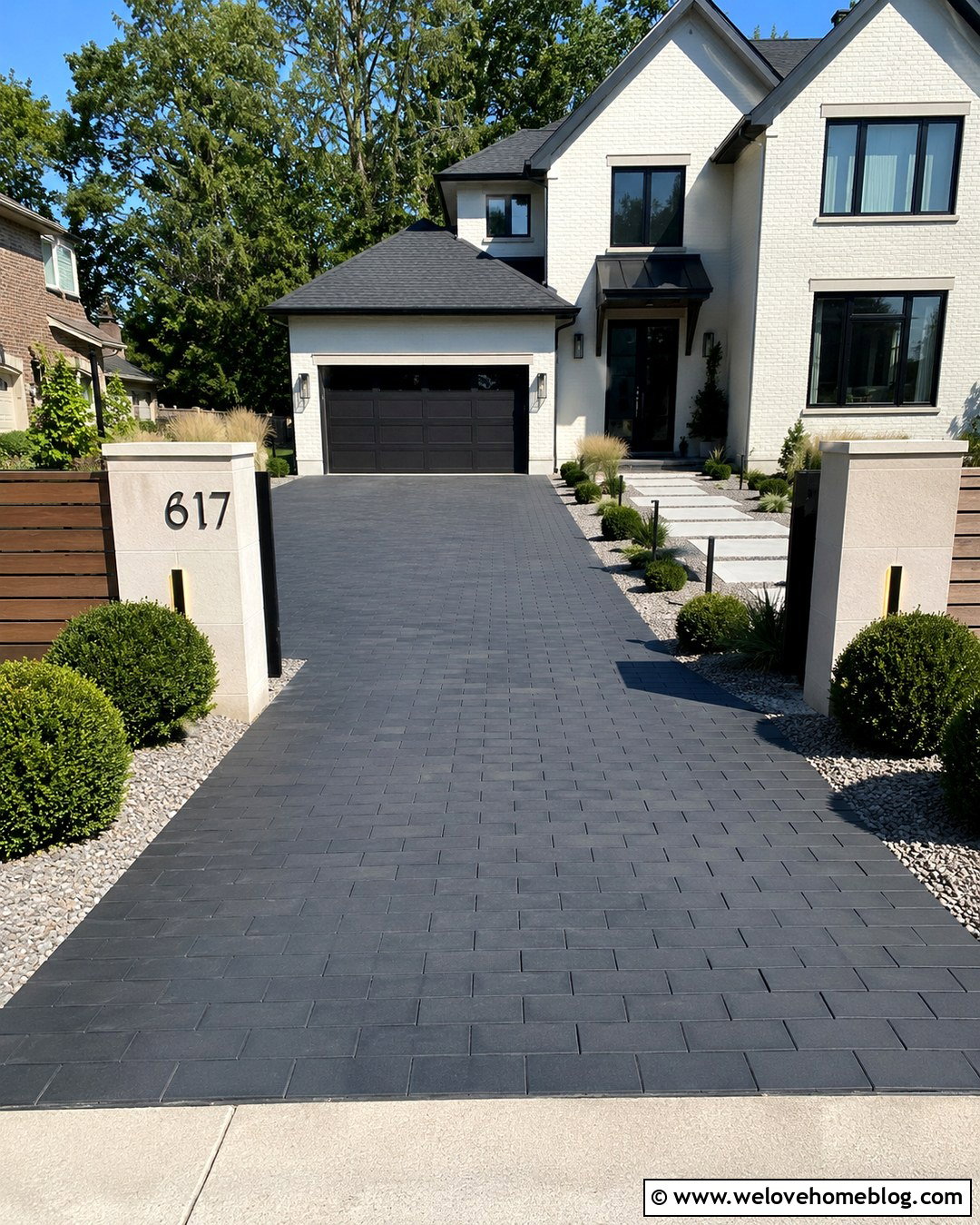 Limestone Pillars With A Modern Brick Driveway - 20 Stone And Brick Driveway Entrance Ideas