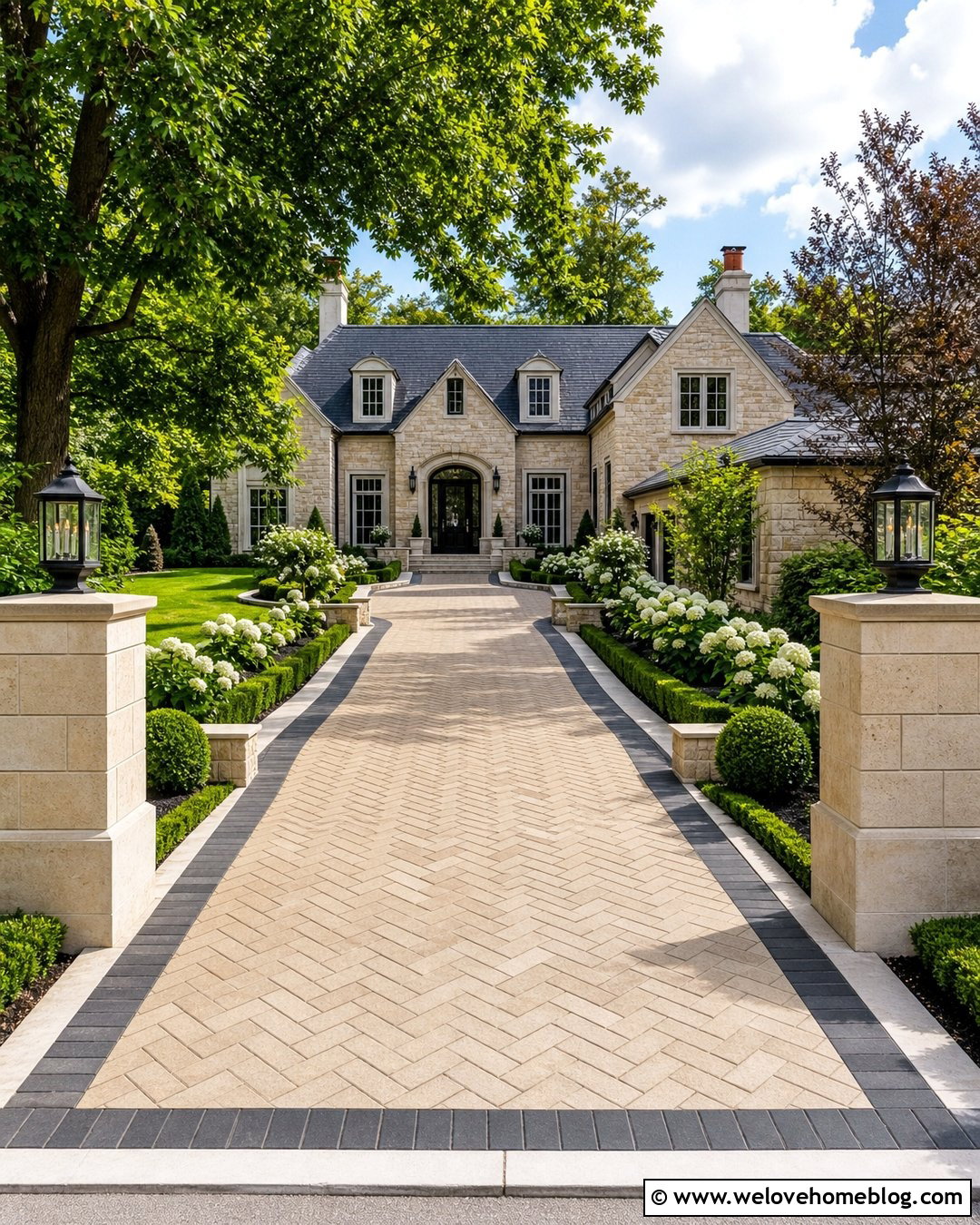 Limestone Pillars With A Paver Driveway - 40 Stone Pillars Driveway Entrance Ideas