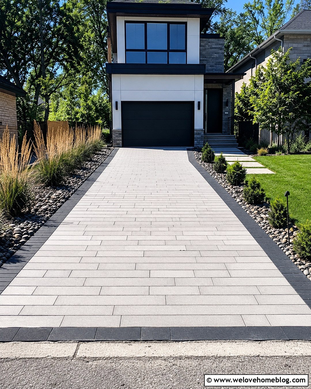 Linear Gray Paver Driveway - 20 modern driveway paver design ideas