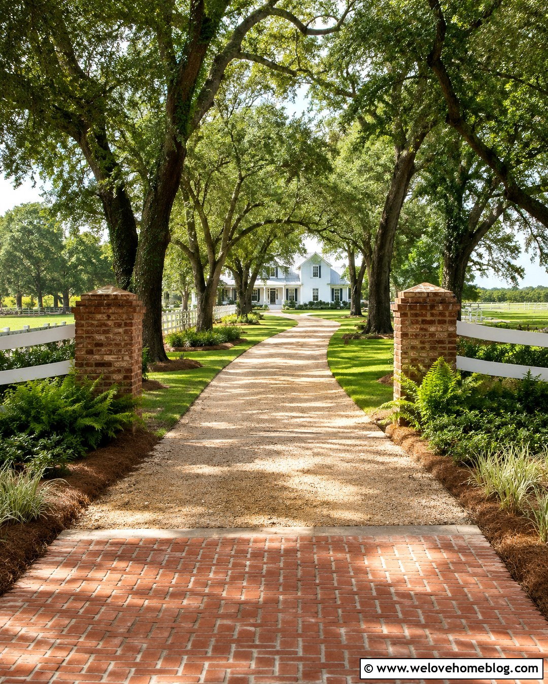 Live Oak Driveway With Brick Pillars and White Fencing - 20 live oak tree lined driveway ideas