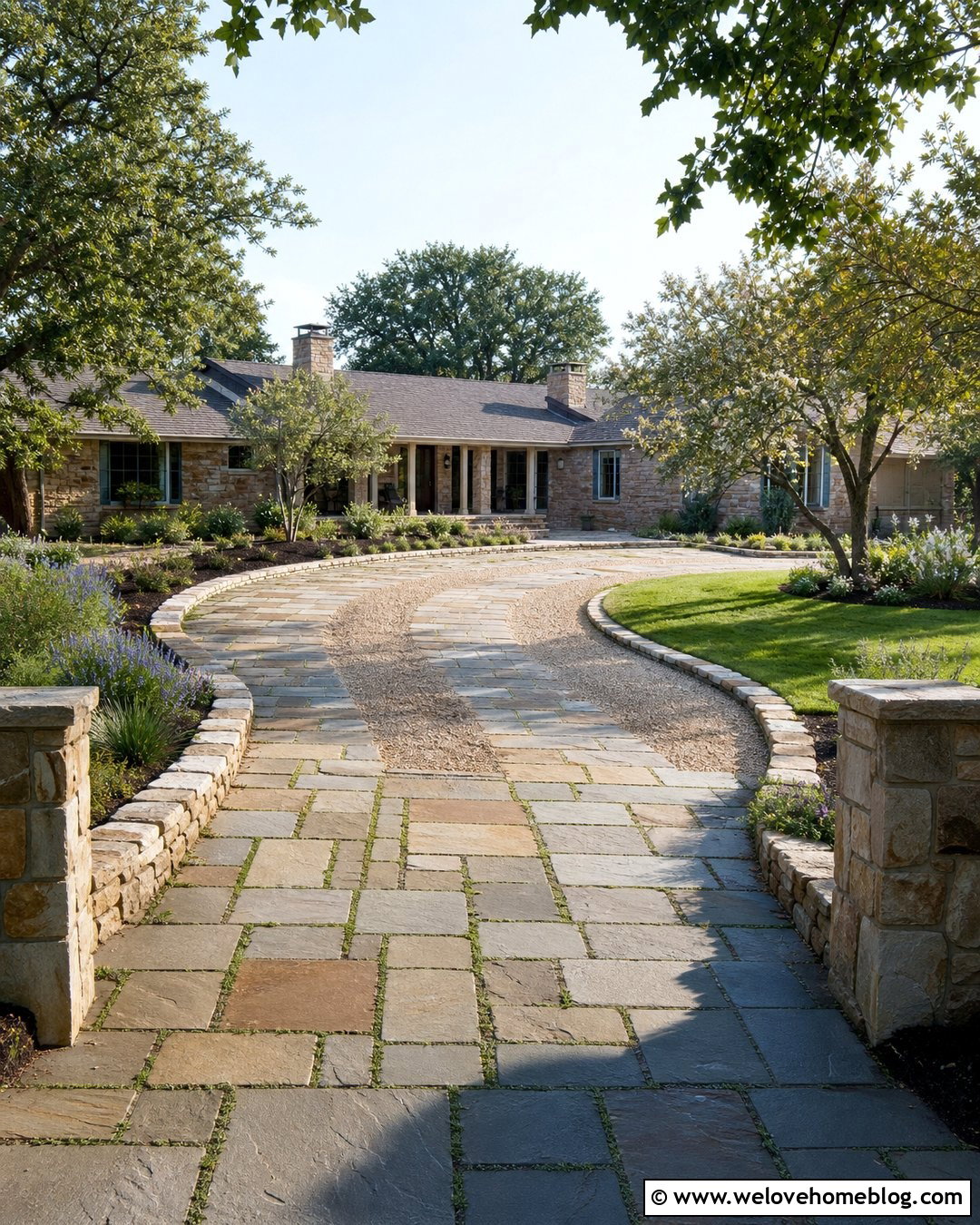 Locally Sourced Stone Driveway Pavers With Ground Cover Joints - 20 eco-friendly driveway pavers ideas