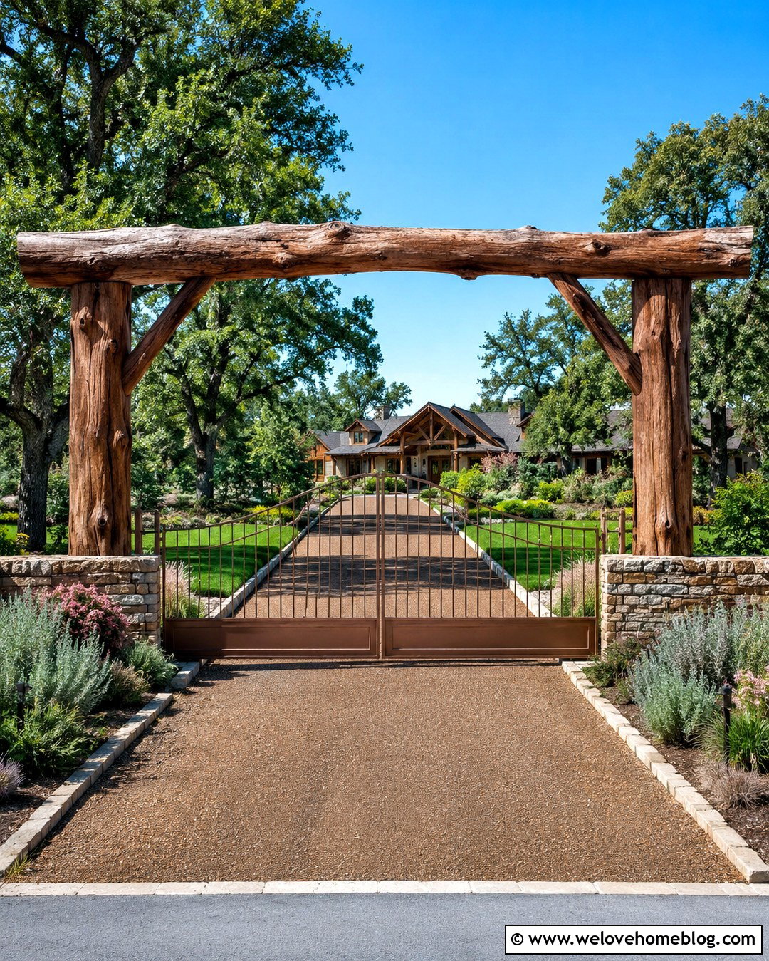Log Driveway Entrance With A Rustic Crossbeam - 20 Log Driveway Entrance Ideas
