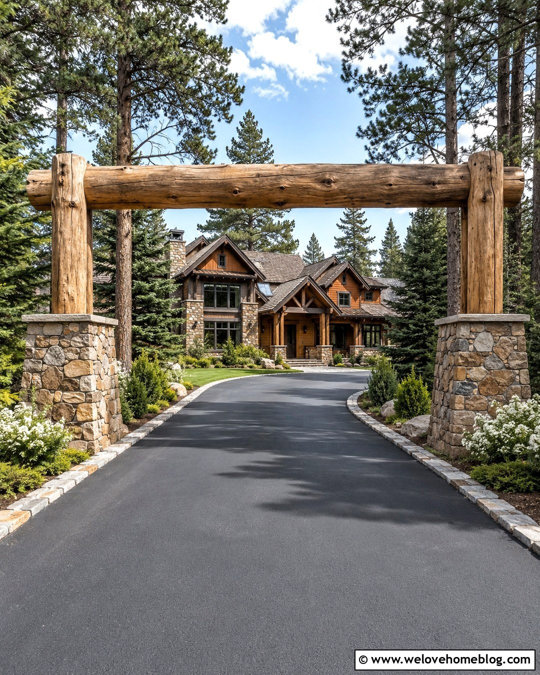 Log Driveway Entrance With Stone Pillars - 20 Log Driveway Entrance Ideas