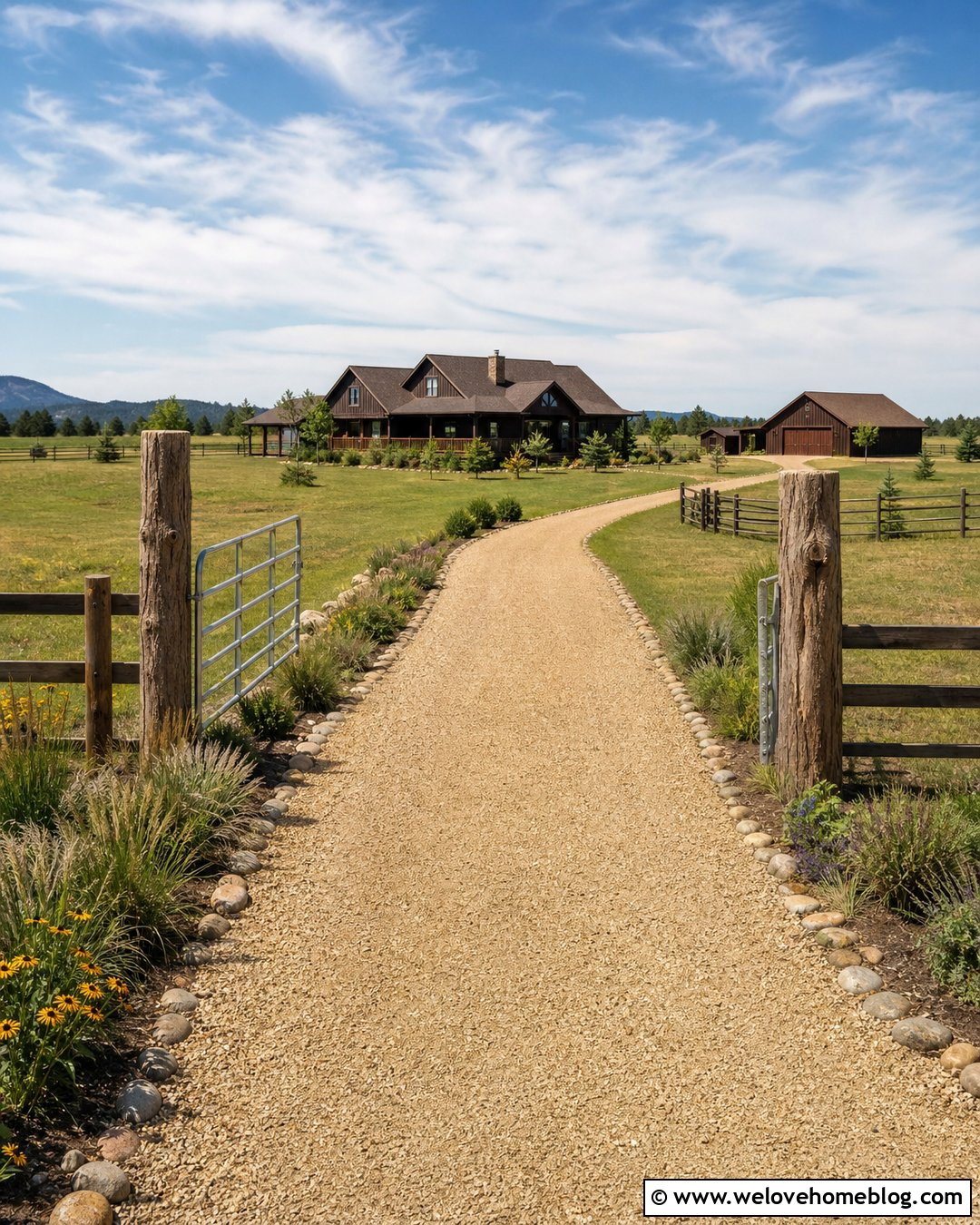 Log Gate Posts With A Ranch Driveway - 20 Driveways Gate Posts Ideas