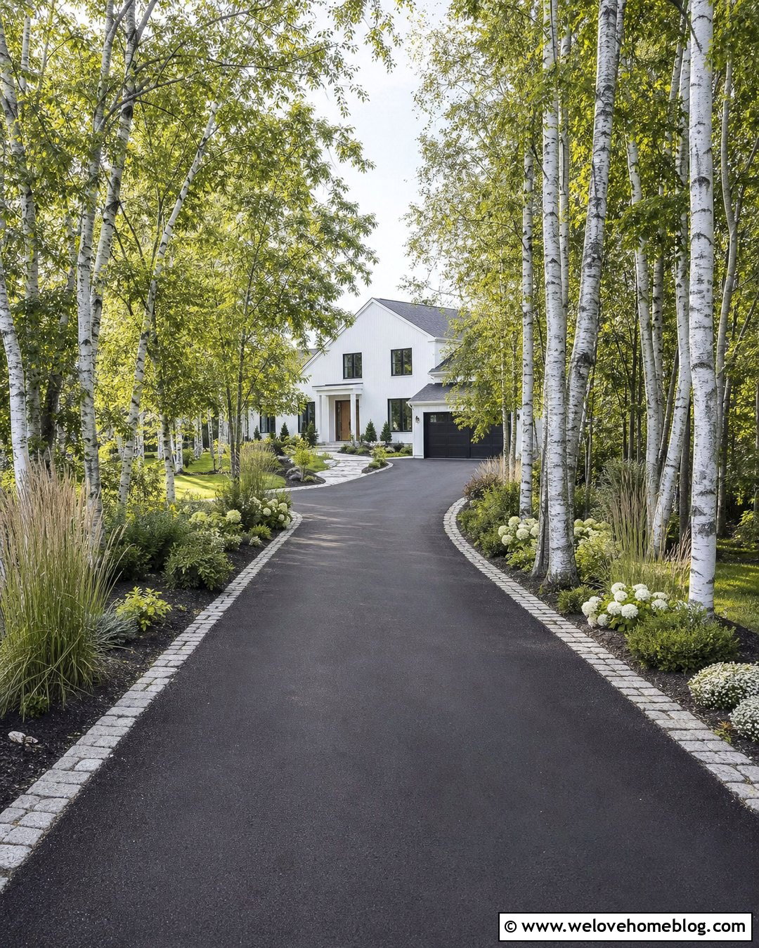 Long Asphalt Driveway With Birch Grove Planting - 20 Long Driveway Garden Ideas